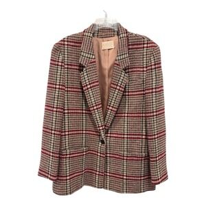 Pendleton Wool Blazer Women 16‎ Beige Red Black Plaid Jacket Pockets Lined USA